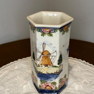 Vintage Delft Hand-Painted Polychrome Vase | Hexagonal Delft Pottery Vase | Windmill Scene | 10” Tall