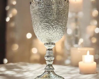 Solid Brass Vintage Chalic Goblet Medieval Handmade Decorative Wine Glass with Royal Embossed Design 7 Oz