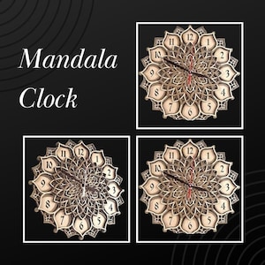 Op de afbeelding: Vier houten mandala klokken met een bloemenontwerp worden getoond. De klokken hebben een lichtbruine kleur met zwarte wijzers en rode secondewijzers. De tekst "Mandala Clock" staat in de linkerbovenhoek.