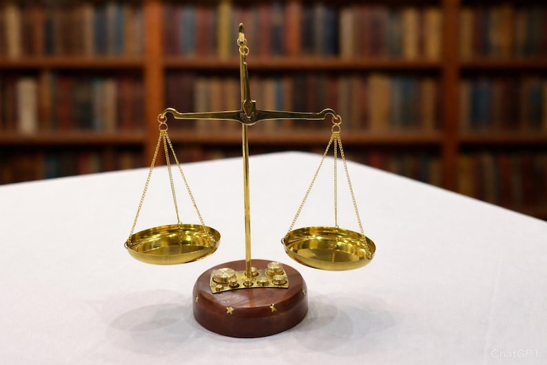 May include: A brass balance scale with two round pans suspended by chains. The scale sits on a dark wooden base with gold star accents. The background features a blurred bookshelf, suggesting a legal or academic theme.