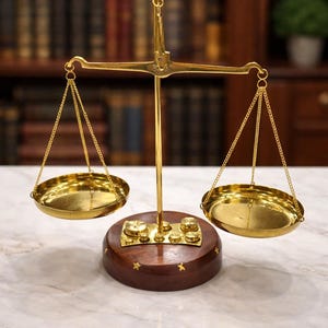 May include: A gold-colored balance scale with two circular pans suspended by chains. The scale sits on a dark wooden base with gold star accents. The background features a blurred library setting.