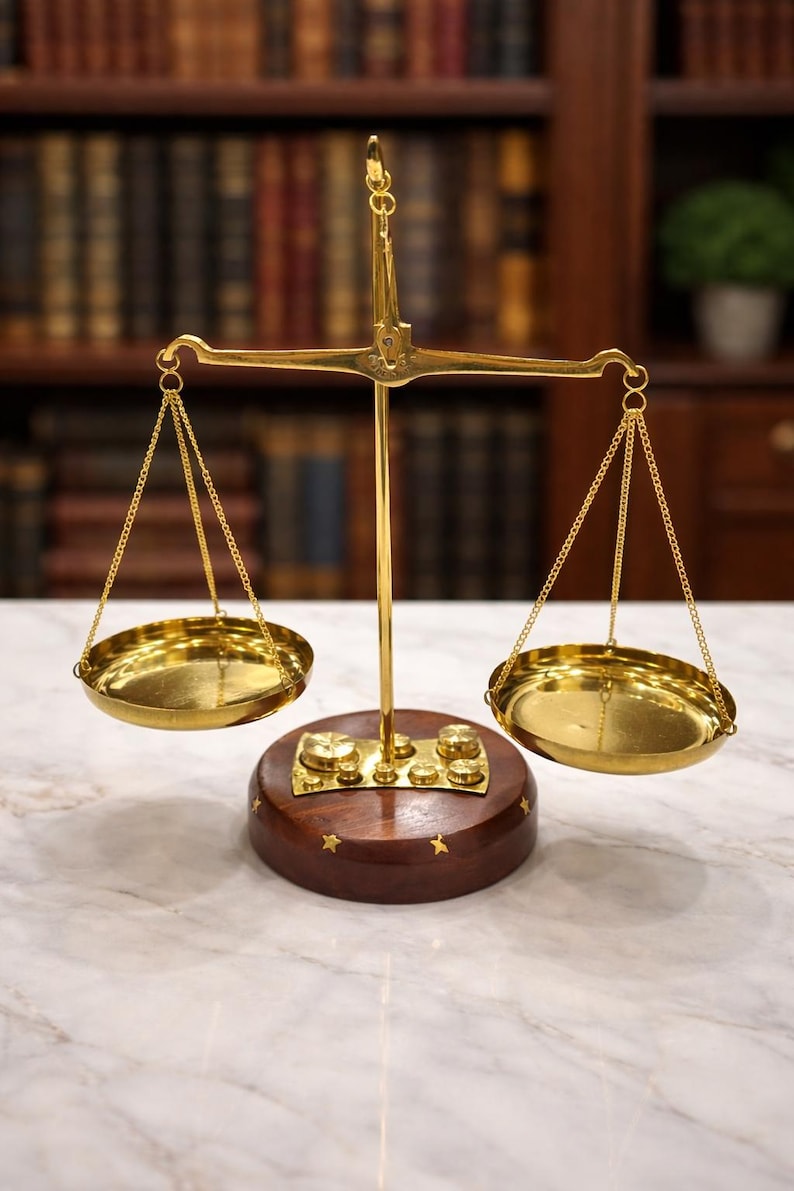 May include: A gold-colored balance scale with two circular pans suspended by chains. The scale sits on a dark wooden base with gold star accents. The background features a blurred library setting.