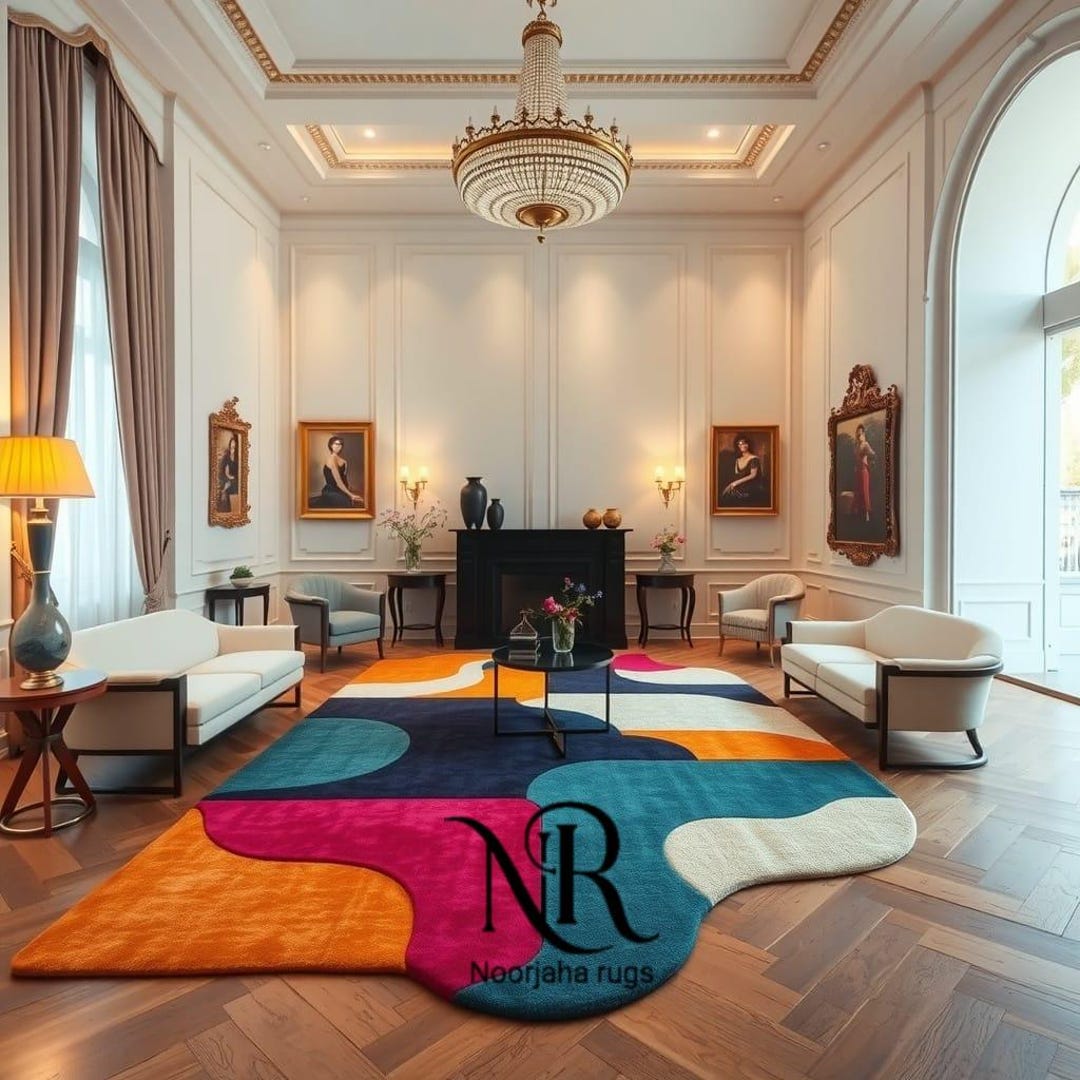 Hand-tufted Wool Rug Modern Abstract Irregular Shape Navy Blue Mustard ...