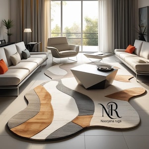 Contemporary Living Room with Modern Irregular Abstract Rug in Neutral Tones