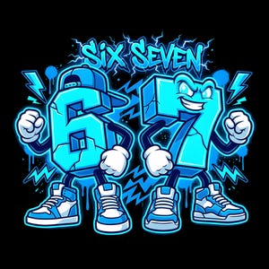 Puede incluir: Ilustración de los números "6" y "7" como personajes de dibujos animados en azul y blanco. Los números llevan zapatillas deportivas y tienen brazos y piernas. El texto "SIX SEVEN" está encima de los números, con rayos y un fondo negro.
