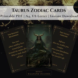 Könnte beinhalten: Taurus-Tierkreiszeichenkarten mit einem zentralen Bild einer Frau mit Hörnern, umgeben von zwei Karten mit Text. Die Karten sind dunkel mit goldenen Akzenten. Das obere Banner lautet "Taurus Zodiac Cards".