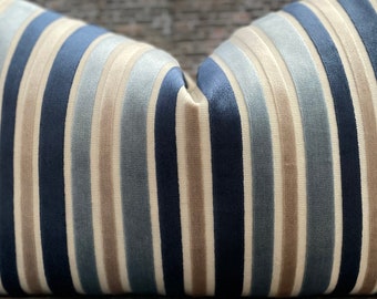 Designer Pillow Cover, Lumbar, Multi Velvet Stripe, Blue