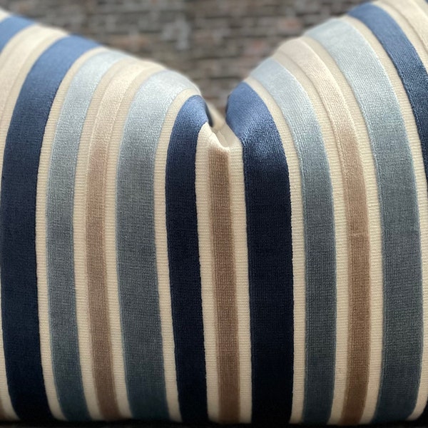 Designer Pillow Cover, Lumbar, Multi Velvet Stripe, Blue