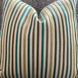 Designer Pillow Cover, AMRA, Velvet Stripe, Teal Multi