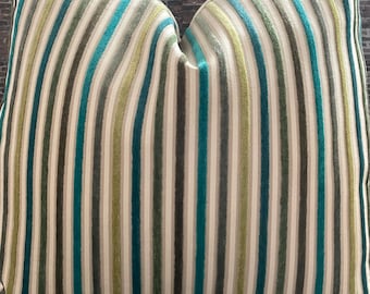 Designer Pillow Cover, AMRA, Velvet Stripe, Teal Multi