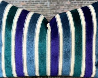 Designer Pillow Cover, Multi Velvet Stripe, Ultramarine