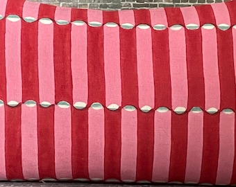 Designer Pillow Cover, Schumacher, Hand Wood Block, Luna, Pink and Red
