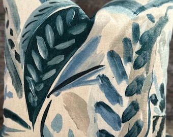 Designer Pillow Cover,  Tropical Leaf, Linen, Watercolor, Blue