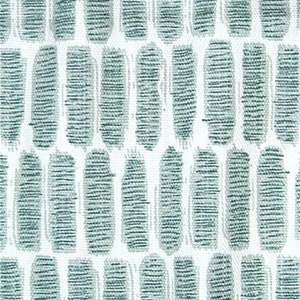 May include: A white fabric with a repeating pattern of teal blue, elongated, brushstroke-like shapes.
