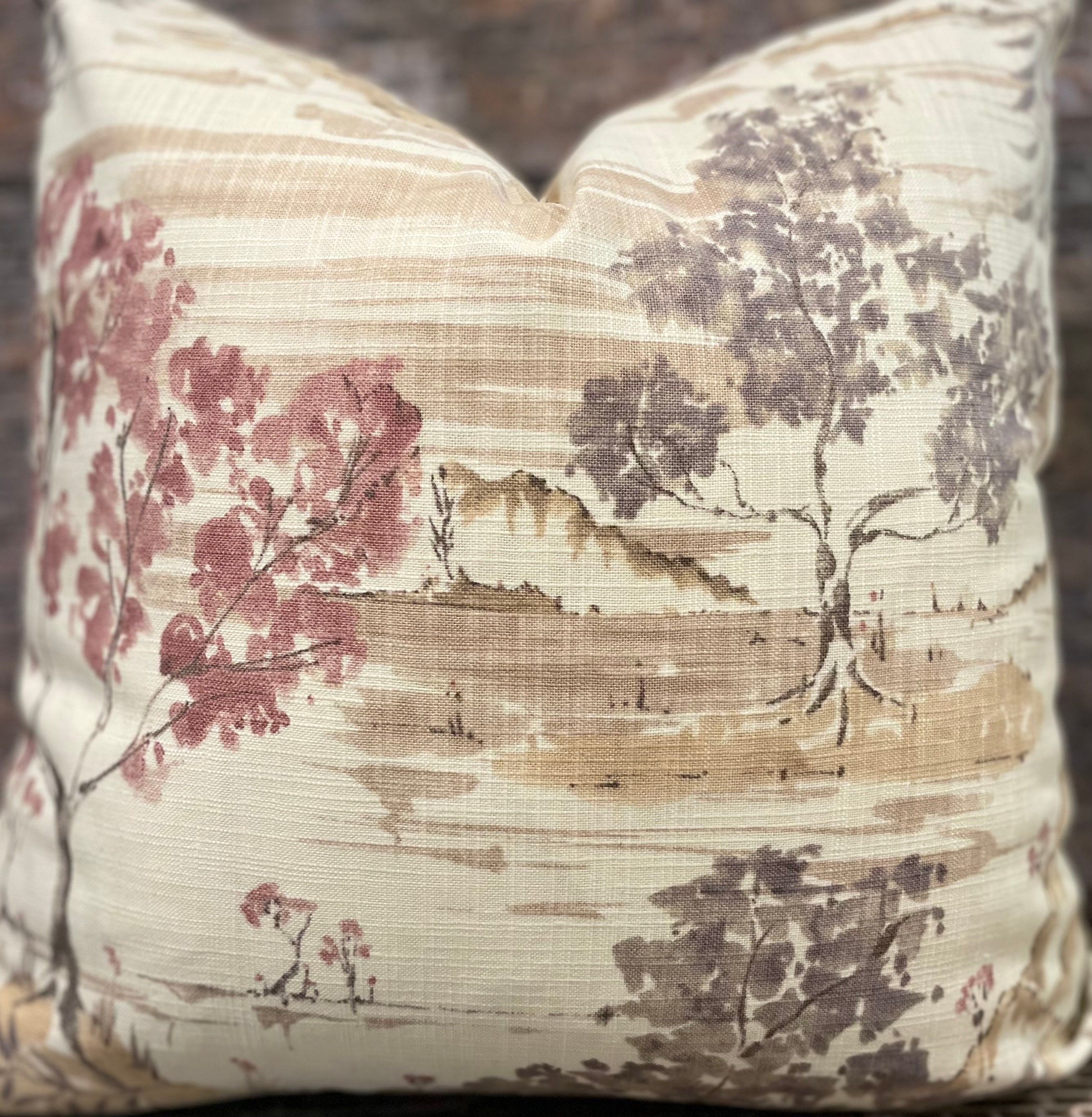 Designer Pillow Cover, Chinoiserie Scenic Toile, Rose pink blush