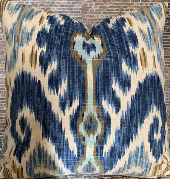 Designer Pillow Cover 10 x 20 Kravet Designer Indigo Blue Ikat Accent Pillow