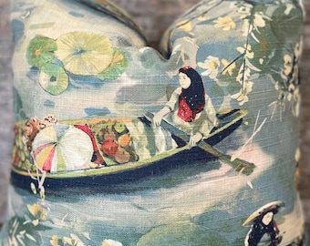Designer Pillow Cover, BNK Boat, Linen, Chinoiserie, River