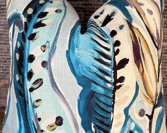 Designer Pillow Cover, Indoor Outdoor, Tropical Leaf, Birds of Paradise, ENQ, Blue