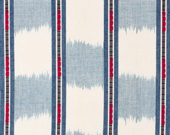 Designer Pillow Cover, Schumacher, Faye Ikat, Chambray Blue and Red