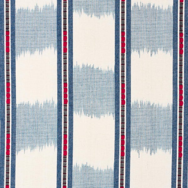 Designer Pillow Cover, Schumacher, Faye Ikat, Chambray Blue and Red
