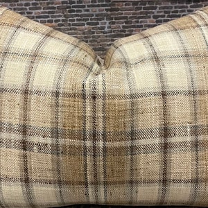 Designer Pillow Cover, Plaid, Taupe  and Grey