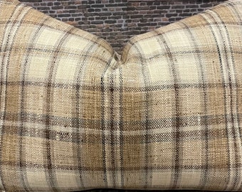 Designer Pillow Cover, Plaid, Taupe  and Grey