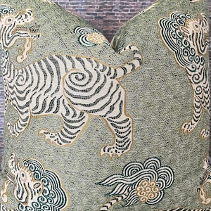 Designer Pillow Cover,  Tiger Dragon Chinoiserie, Jacquard, Green