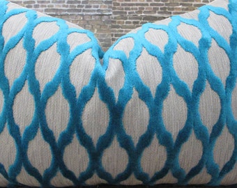 May include: A decorative throw pillow with a light gray background and a teal blue, raised, geometric pattern. The pillow has a soft, textured appearance, and the pattern creates a visual contrast. The pillow is designed for home decor.