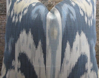 Designer Pillow Cover, 12 x 16, Nah Ikat Jacquard, Blue and Tan