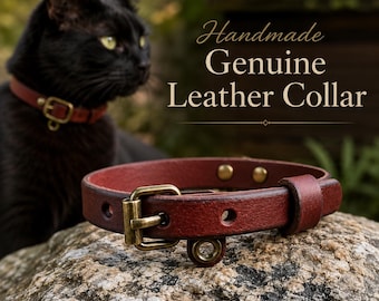Katzenhalsband, handgefertigtes Katzenhalsband aus echtem Leder, minimalistisches Design, mit Anhängerhalterung (Haustieraccessoire)