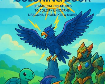 May include: A coloring book cover with the title "FANTASY ANIMALS COLORING BOOK" in large, colorful letters. The cover features illustrations of fantasy creatures like a blue eagle, a turtle, and a green armored figure. The text reads "50 MAGICAL CREATURES TO COLOR - UNICORNS, DRAGONS, PHOENIXES & MORE!" and "50 FUN COLORING PAGES".