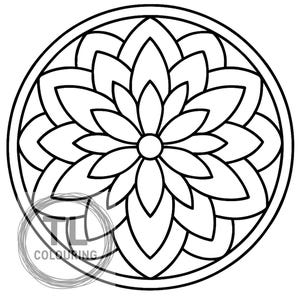 Pode incluir: Desenho a traço em preto e branco de um design de mandala floral. A mandala apresenta um círculo central com uma série de formas semelhantes a pétalas que irradiam para fora, encerradas dentro de uma borda circular. A imagem inclui o texto "COLOURING".