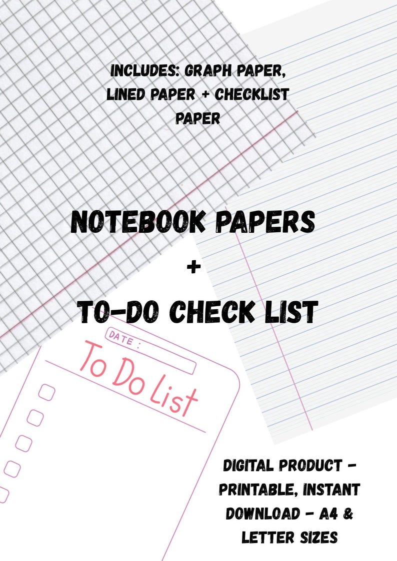 Graph & Lined Paper Printable Bundle - FREE To-do Checklist - A4 and US ...