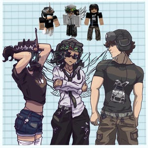 Op de afbeelding: Een illustratie met drie figuren en drie kleinere avatar-achtige figuren erboven. De figuren dragen verschillende outfits, waaronder een zwart t-shirt, spijkerbroekshorts en een wit overhemd. De achtergrond is een lichtblauw raster.