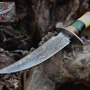 Handmade Damascus Hunting Bowie Knife with Bone & Wood Handle – Survival Knife, Camping, Anniversary and Groom’s Gift