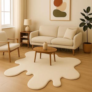 May include: A modern living room with a cream-colored sofa, a round wooden coffee table, and a unique, cream-colored, organic-shaped rug. A framed abstract art piece hangs on the wall, and a potted plant adds a touch of greenery.