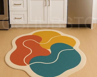 Abstract Teal Mustard Area Rug, Handmade Modern Wool Rug, Geometric Living Room Carpet, Mid Century Home Decor, Custom Size Rug