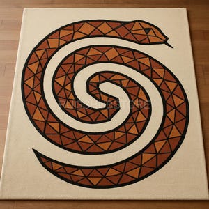 May include: A beige rug featuring a geometric design of a coiled snake. The snake is rendered in shades of brown and orange, with a black outline. The rug has a spiral pattern and is placed on a wooden floor.