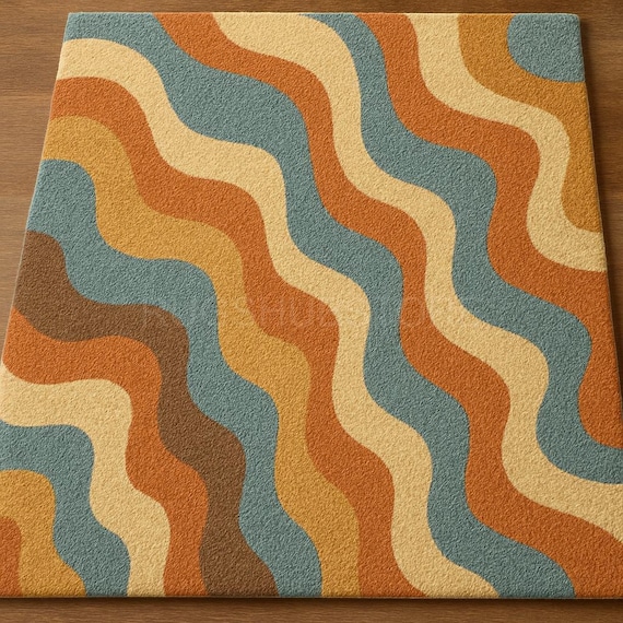 Retro Wavy Pattern Rug – Mid Century Modern Area Carpet in Orange, Blue & Mustard Tones