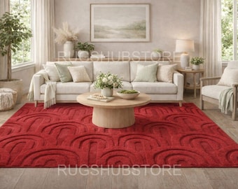 Alfombra roja de felpa moderna con textura geométrica