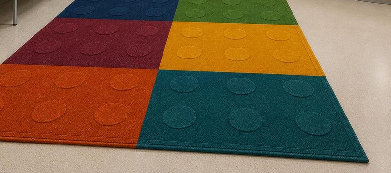 May include: A rectangular area rug featuring a grid of six large colored squares in blue, green, maroon, yellow, orange, and teal. Each square contains a raised circular pattern, creating a textured surface that resembles a building block toy.