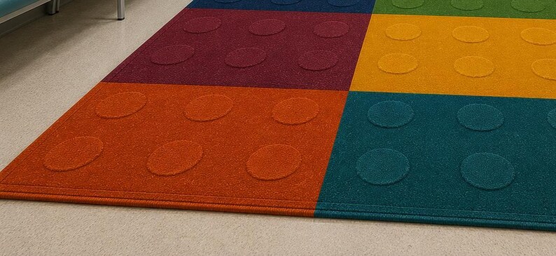May include: A rectangular area rug featuring a grid of solid color blocks in dark blue, green, yellow, orange, and maroon. Each colored section contains a pattern of raised circular studs, mimicking the appearance of a plastic building block.