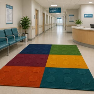 May include: A rectangular area rug featuring a grid of six large colored squares in dark blue, green, maroon, yellow, orange, and teal. Each square contains four raised circular patterns, resembling building blocks, laid on a hospital floor.