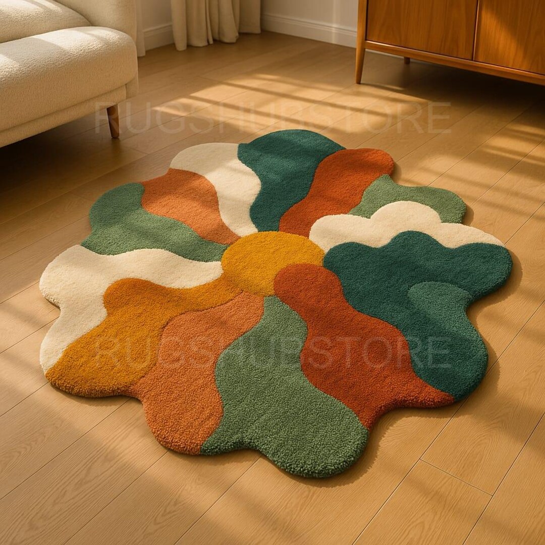 Retro Flower Tufted Rug: Boho Wavy Carpet, Earthy Colors - Etsy