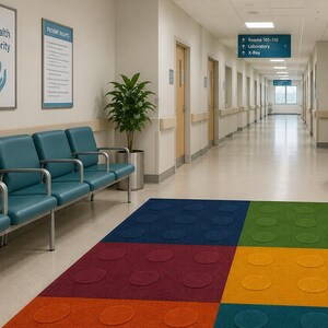 May include: A hospital hallway featuring a row of teal chairs, a potted plant, and a multi-colored rug with a raised circular pattern. Signs on the wall read Your Health Our Priority, Patient Rights, and directional signs for rooms and labs.