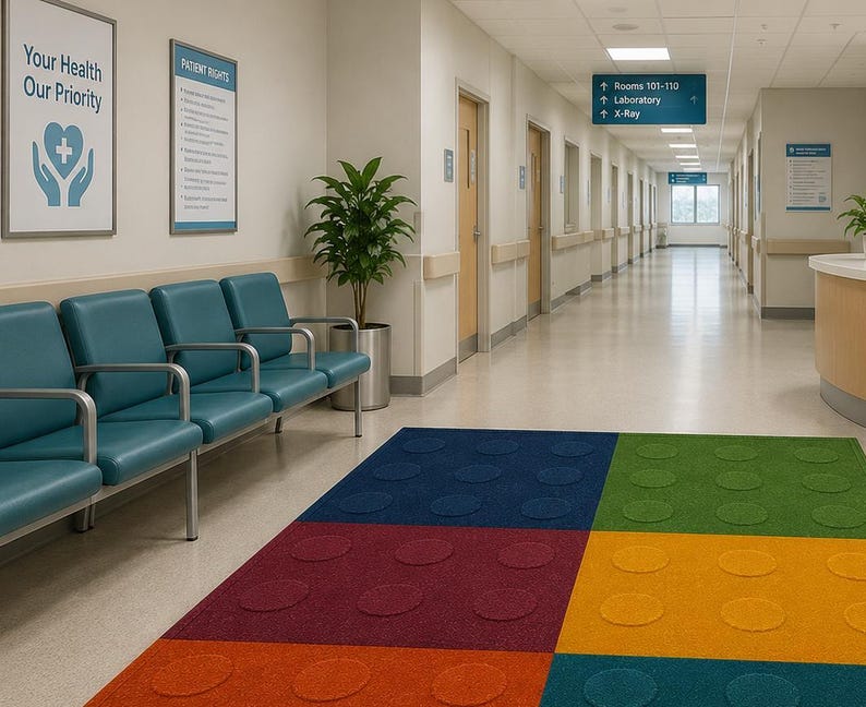 May include: A hospital hallway featuring a row of teal chairs, a potted plant, and a multi-colored rug with a raised circular pattern. Signs on the wall read Your Health Our Priority, Patient Rights, and directional signs for rooms and labs.