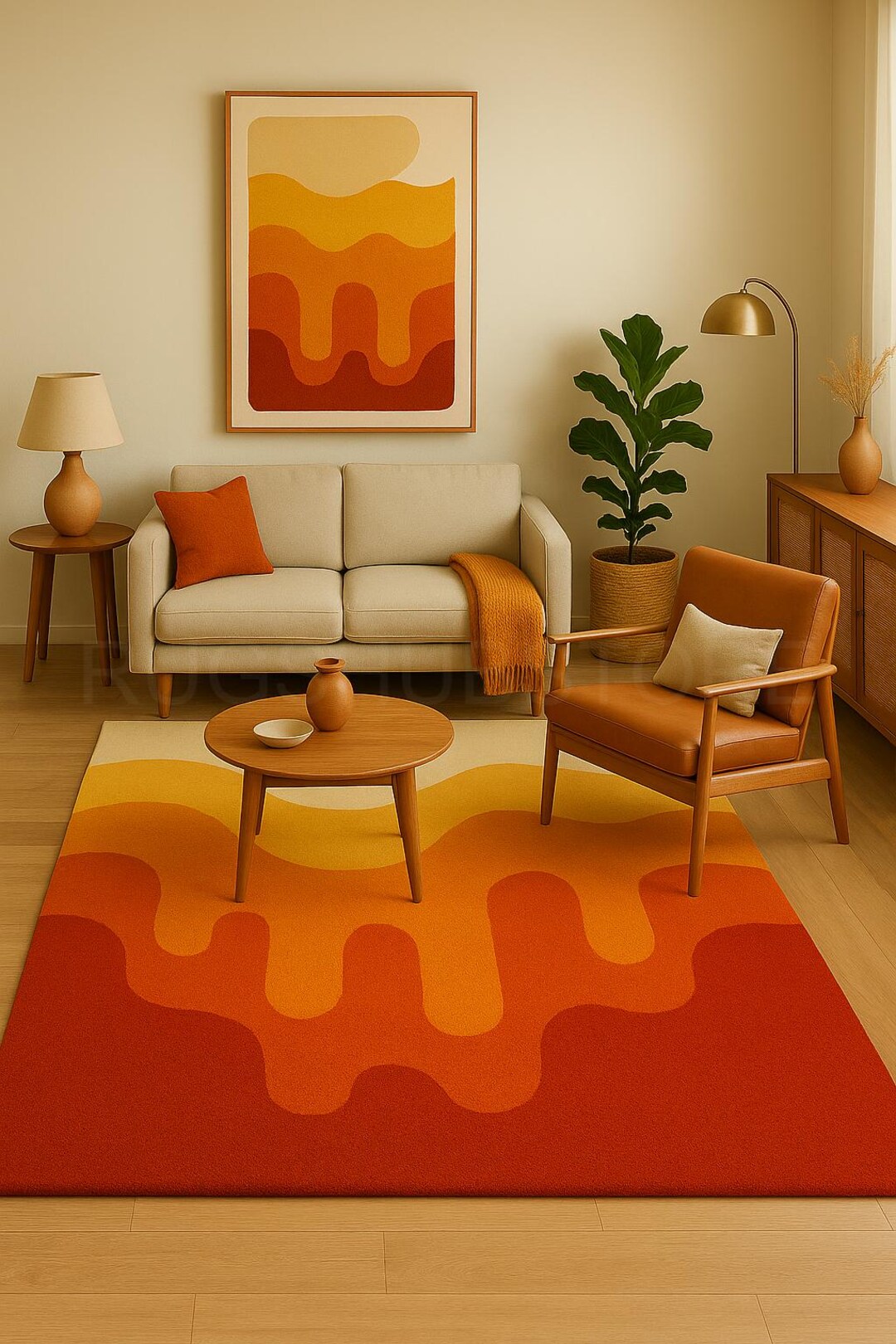 Retro 70s Abstract Wave Rug – Burnt Orange, Mustard Yellow & Cream Hand ...