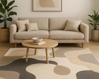 Neutral Abstract Wavy Area Rug: Beige, Taupe & Grey - Modern Decor