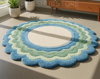 Scalloped Round Tufted Rug, Blue & Sage Green Floral Rug, Modern Boho Area Rug, Soft Plush Nursery Rug, Statement Floor Decor