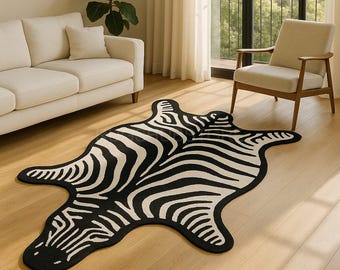 Faux Zebra Hide Rug: Black and White Animal Print Accent Carpet